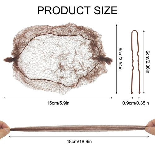 10 Pcs Brown Hair Nets Invisible with 20 Pcs U Shaped Pins, 20 Inch Individual Package Elastic Hair Mesh Nets + 2.4” U Shaped Pins Set for Hair Bun Making Ballet Dancer Kitchen Food Service Workers