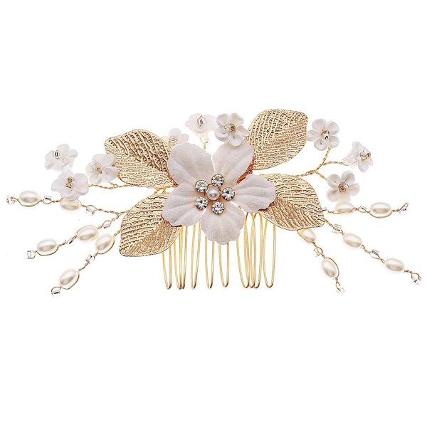Leaf Bridal Hair Clip for Women White and Gold Hair Side Comb for Bride Wedding and Party Accessory