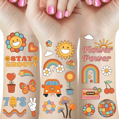75Pcs Groovy 70s Temporary Tattoos for Kids, Hippie Tattoo Stickers, Birthday Party Favors Decorations Supplies for Boys Girls, Flower Power Good Vibes Smile Love Rainbow Arts and Crafts