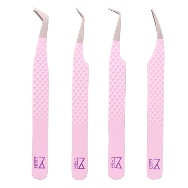 M LASH Eyelash Extension Tweezers (Set of 4) - Professional & Precision Lash Tweezers for Eyelash Extensions - Japanese Steel, Diamond Grip, Fiber Tip V5 (Lilac)