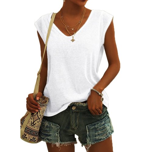 Womens Cap Sleeve V Neck T-Shirt Casual Loose Fit Basic Tshirts Tops