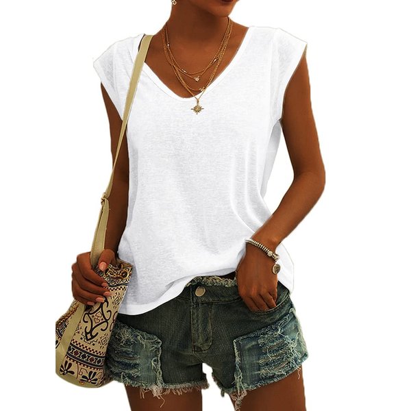 Womens Cap Sleeve V Neck T-Shirt Casual Loose Fit Basic Tshirts Tops