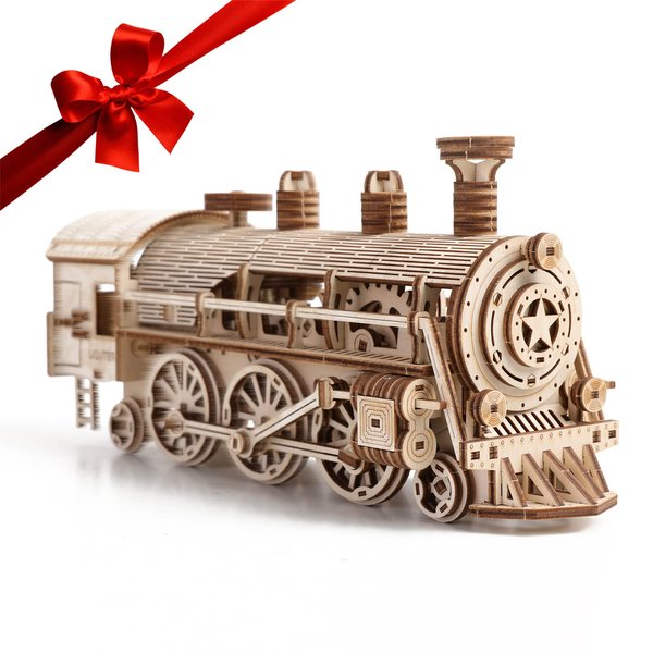 Uguter 3D Wooden Puzzles Train Locomotive DIY Gear Drive Mechanical Model Brain Teaser Games Stunning Gifts for Adults and Teens (Locomotive)