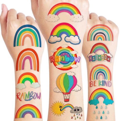 8 Sheets (96PCS) Rainbow Temporary Tattoos Theme Birthday Party Decorations Supplies Party Favors Decor Tattoo Stickers For Kids Girls Boys Gifts Classroom School Prizes Rewards