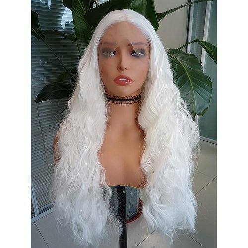 RDY 24inches White Long Body Wave Synthetic Lace Front Wigs Natural Looking White Long Wavy Synthetic Wig Lace Frontal Half Heat Fiber Hair Hand Tied Wig for Women Cosplay Daily Use Hair Wig