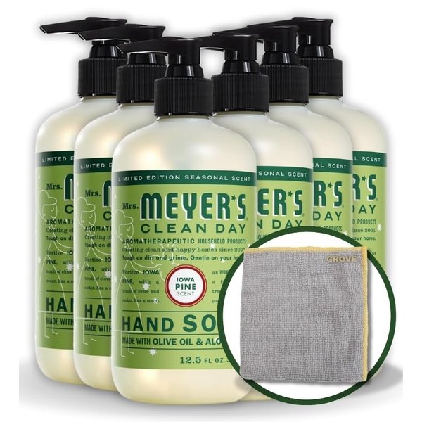 Clean Day Organic Iowa Pine Scent Liquid Hand Soap 12.5 oz Bundle with Microfiber Cloth - Gentle Hand Soap with Essential Oils & Aloe Vera - (7 Items)