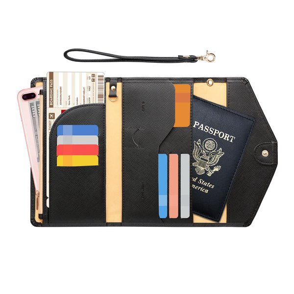 ZOPPEN Passport Holder Travel Wallet (Ver.5) for Women Rfid Blocking Multi-purpose Passport Cover Document Organizer Strap, Black