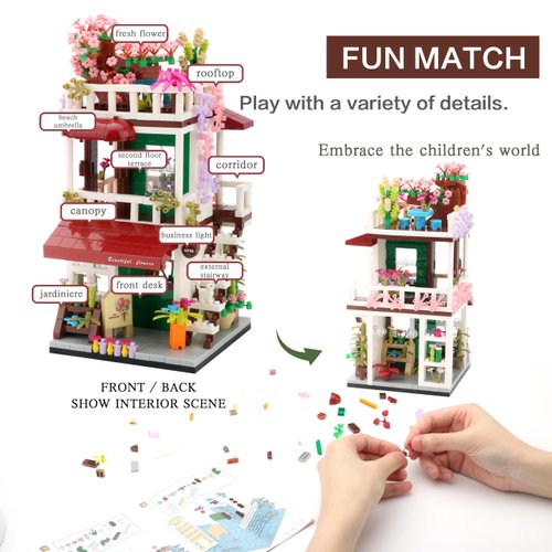 wriyvngs Street View Mini Building Blocks Flower House Shop Store Building Kit Simulation Construction Educational Creative Toy for Boys Girls Age 8+ 953 pcs
