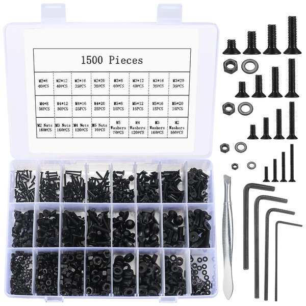 1500 Pcs Flat Head Hex Socket Head Cap Screws Bolts and Nuts and Washers Assortment Kit, M2 M3 M4 M5 Alloy Steel Countersunk Head Screws Nuts and Bolts and Flat Washers Set