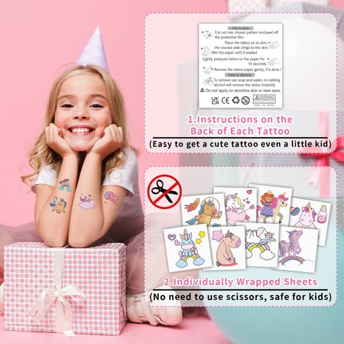 Partywind 408 Styles Temporary Tattoos for Kids Girls, Individually Wrapped Cut Tattoos for Girls Party Supplies Decorations, Goodie Bag Stuffers Prizes Games for Children