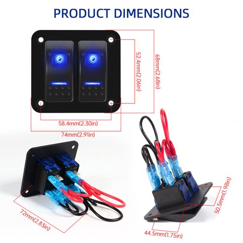 Waterproof 2 Gang Aluminum Toggle Switch Panel, 12V/24V Rocker Switch Panel, On-Off Car Boat Switch, Blue LED Pre-Wired Switch Panel for Marine Boat Automotive Car RV Truck Vehicles