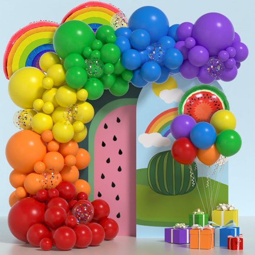 Janinus Rainbow Balloons Arch Kit Colorful Balloon Sets - 135 Pcs Assorted Color Balloon Garland with Watermelon & Rainbow Foil Balloons for Kids Rainbow Birthday Sesame Party Decorations