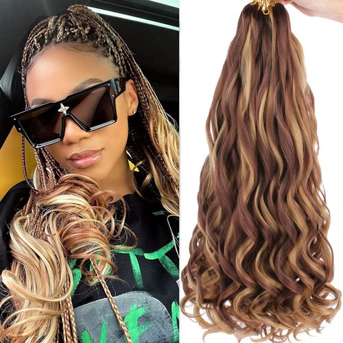 Xtrend 18 Inch Pre Stretched Loose Wave Braiding Hair 8 Packs French Curly Braiding Hair For Box Braids Bouncy Crochet Spanish Curly Ombre Brown Synthetic Hair Extensions For Women（18 Inch,27M33#）