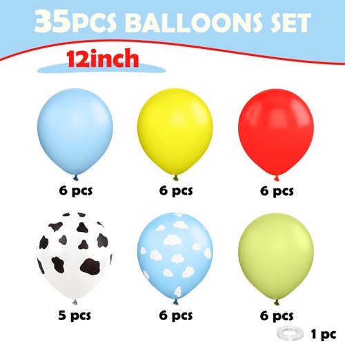 Toy Inspired Story Balloons,12 Inchs Yellow Light Blue Clouds White Cow Print Balloons for Kids Boys Toy Birthday Cartoon Story Farm Theme Baby Shower House Party Decorations