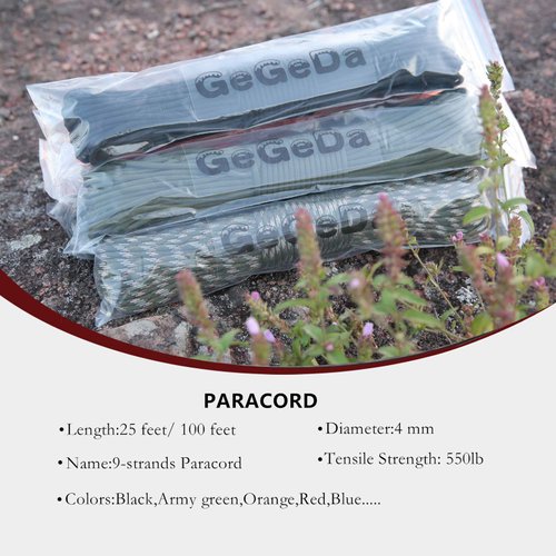 GeGeDa Paracord 9 Core 550 Parachute Cord Camping Rope 100FT (Black Red, 100feet)