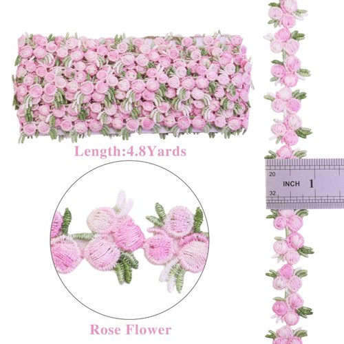 IDONGCAI Flower Embroidered Lace Trim 4.8 Yards Rose Applique Ribbon Lace Trim for Sewing Crafts