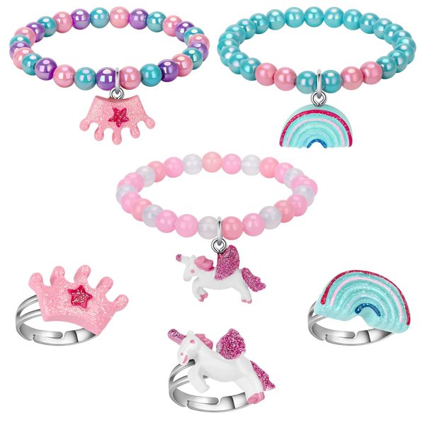 Annilubaby Unicorn Bracelet Ring Set - Rainbow Bracelet Shiny Crown Bracelet for Toddler Girls - Little Girl Jewel Rings Set Girl Pretend Play and Dress Up Rings
