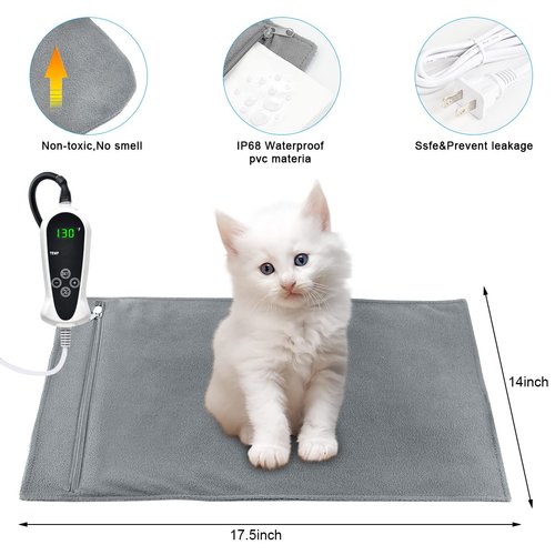 RIOGOO Pet Heating Pad, Upgraded Electric Dog Cat Heating Pad Indoor Waterproof, Auto Power Off (S 17.5"x 14", Grey)