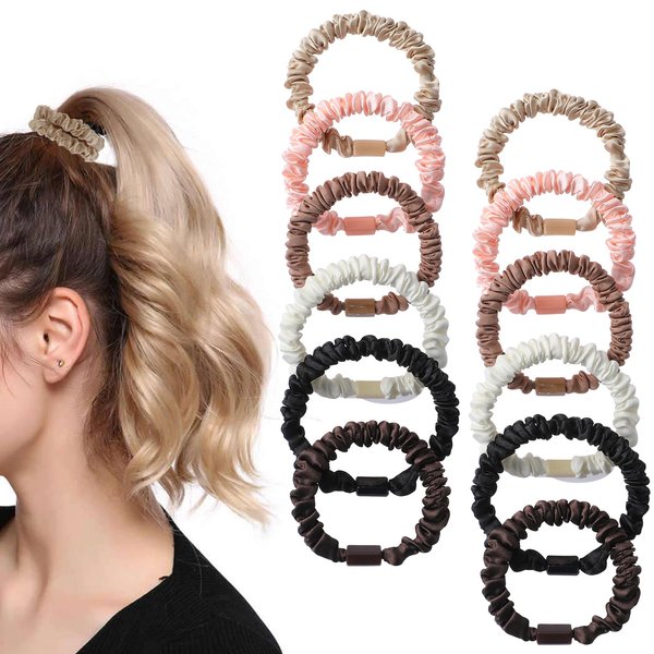 Silk Hair Ties 12Pcs Small Silk Scrunchies Silk Hair Tie Elastic Ponytail Holders Cute Soft No Slip Hair Elastics Ponytail Holder For Women Girls Curly Hair No Damage Hairties Gift