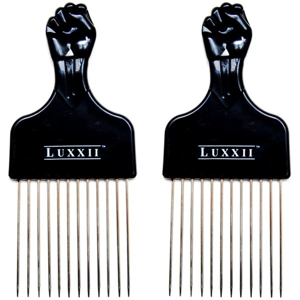 LUXXII (2 Pack) 6.75" Black Fist Metal Afro Pick Lift Hair Comb Detangle Wig Braid Hair Man Styling Comb