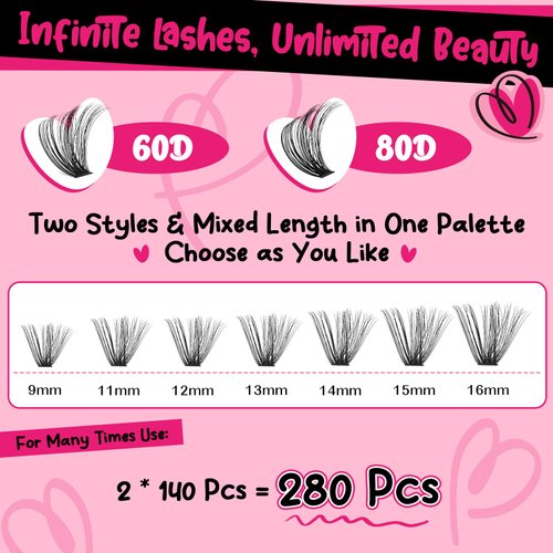 DIY Lash Extension Kit 280pcs Lash Clusters D Curl Eyelash Extension Kit Individual Lashes with Lash Bond and Seal Lash Applicator Easy to Apply at Home(60D+80D-9-16mix Kit)