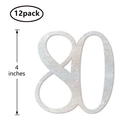 Silver Glitter 80th Birthday Centerpiece Sticks, 12-Pack Number 80 Table Topper Anniversary Party Decorations