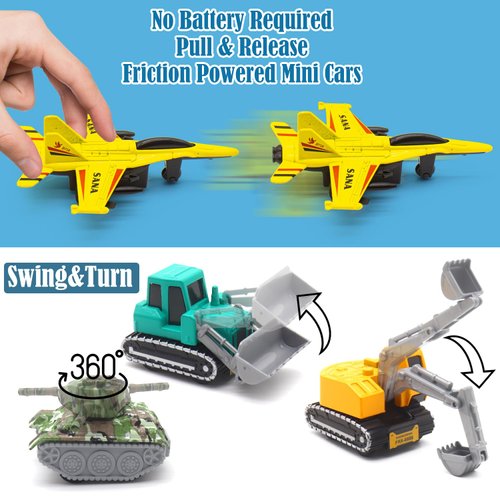 Mostop 18 PCS Die Cast Metal Pull Back Cars Kids Toys, Mini Vehicle Model Set for Kids Boys Girls, Pull Back Airplane Toy, Army Tank Toys, Construction Vehicles Toys Kids Party Favors, Cake Toppers