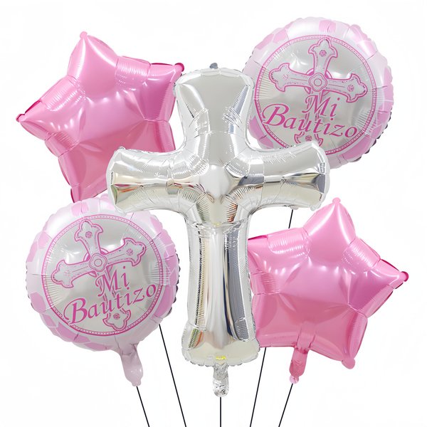 5Pcs Silver Cross Balloon Jumbo Baptism/First Communion Baptism Party Decor For Boys&Girls/Shiny Star Balloon/Birthday Wedding Christmas Communion Christening Religious Balloon Home Outdoor Decoration