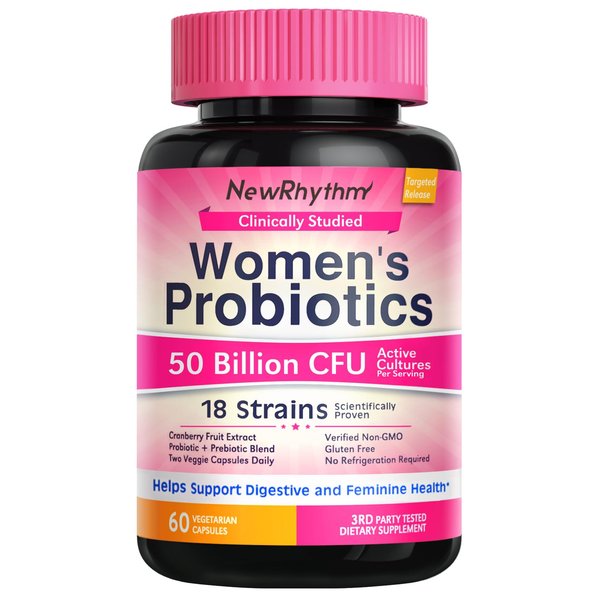 NewRhythm Women's Probiotics, Organic Cranberry for Women's Vaginal Health, 50 Billion CFU 18 Strains, Probiotics and Prebiotics, Support Digestive Health, 60 Vegan Capsules