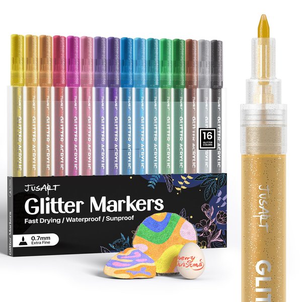 16 Colors Acrylic Glitter Markers Pen, Glitter Paint Pens, 0.7mm Fine Point Tip Metallic Shimmer Marker, Kids Adults DIY Crafts Making, Greeting Birthday Cards Present, Drawing, Scrapbooking Supplies