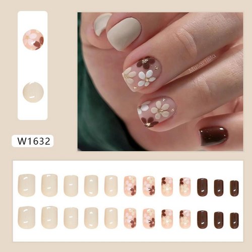 Fall Press on Nails Extra Short Square Fake Nails Autumn Flowers Designs False Nails Glossy Glue on Nails Brown Acrylic Nails Full Cover Small Stick on Nails for Women Nail Art Manicure 24 Pcs