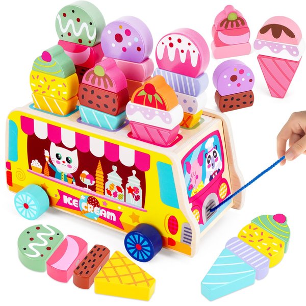 Toddlers Wooden Ice Cream Toys for Kids Ages 2-5, Magnetic Ice Cream Cart, Ice Cream Truck Toy, Pretend Play Food, Montessori Toys for 2 Years Old Girls Boys Birthday Gifts(25 pcs)