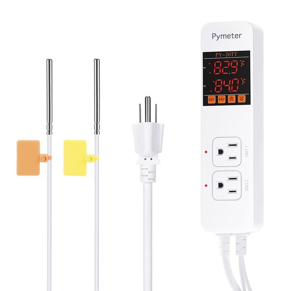 Pymeter Dual Probe Plug in Temperature Controller Heat Mat Thermostat Reptile Temp Controlled Outlet for Terrarium, Aquarium, Brewing, Seedling, Germination and Greenhouse