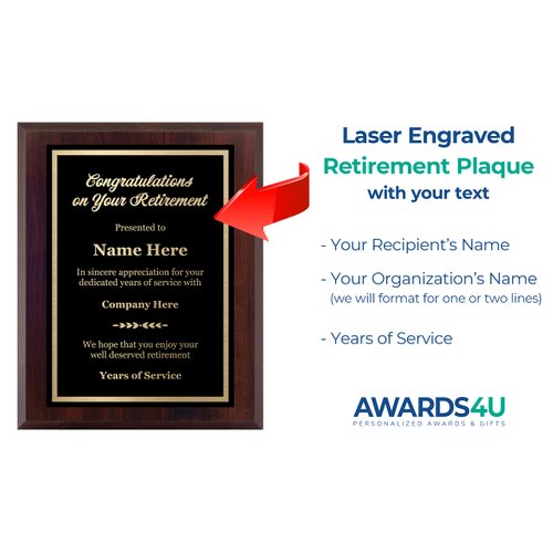 Customized Retirement Plaque Award – Laser Engraved Personalized Gift – Choose Your Size – Customize Now! (9x12)