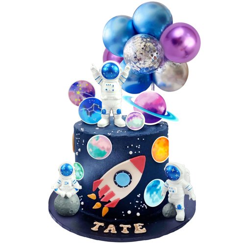 24PCS Space Cake Topper Balloon Cake Topper Planet Cake Topper with Astronauts Purple Blue Sliver Balloons for Kids Outer Space Theme Decoration Boys Girls Baby Shower Galaxy Birthday Party Supplies