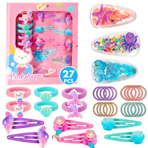 Pinksheep Toddler Hair Accessories for Girls: 22Pcs Brightness Baby Hair Ties for Little Girls & 9Pcs Snap Hair Clips for Girl - Colorful Rubber Bands for Hair Kids - Mermaid Hair Clips