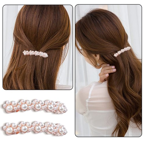 2Pcs Pearl Hair Clips Fashion Handmade Pearl Hair Barrettes Elegant Pearl Hair Clips - Handmade Gold Snap Barrettes - Ideal for Thick Hair & Styling - 2Pcs Set, 7cm x 1cm - Metal Alloy