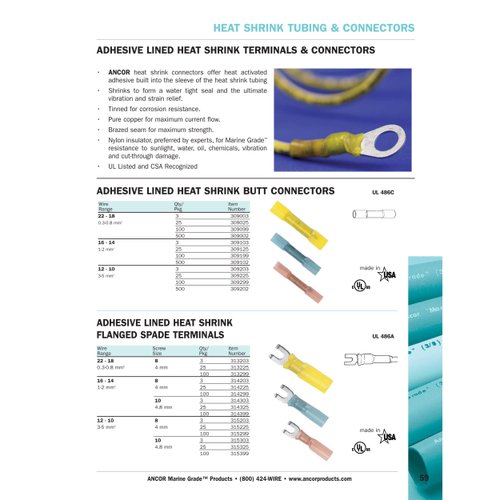 Ancor 315299 Marine Grade Electrical Nylon Insulated Adhesive Lined Heat Shrink Flanged Spade Terminals (12 to 10-Gauge, Size 8 Screw, Yellow, 100-Pack)