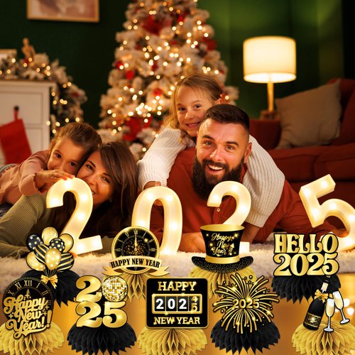 New Year Table Decorations 2025,9pcs Happy New Year Honeycomb Centerpiece Black and Gold New Years Eve Table Centerpiece,New Years Eve Party Supplies 2025 for New Years Celebratory