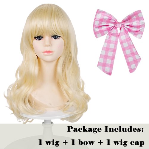 Kids Blonde Wig with Bow Hair Clip, 22.8 Inch Long Blonde Wavy Princess Wigs for Kids Girls Toddlers + Wig Cap for Halloween Costume Party Cosplay