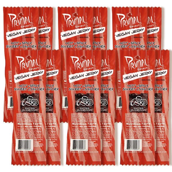 Primal Spirit Vegan Jerky “SHIITAKE MUSHROOM” – “Classic Flavor” – Hot & Spicy-Sweet & Savory, 10 g. Plant Based Protein, Certified Non-GMO, No Preservatives, Sports Friendly Packaging (12 Pack, 1 oz)