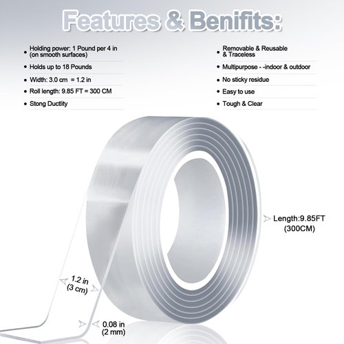 MEMX Nano Double Sided Tape Heavy Duty, 9.85FT Multipurpose Strong Mounting Tape, Reusable Removable Washable Traceless Gel Grip Adhesive for Carpet, Poster Sticky Wall, Home, Office Decor.