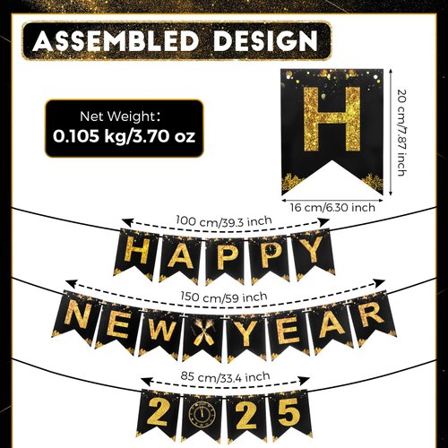 Epakh 3 Pieces Happy New Year Banner 2025 No DIY Required Black and Golden 2025 Happy New Year Party Sign Paper Happy New Years Backdrop for New Years Eve Party Decorations Supplies