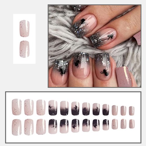 Halloween Press on Nails Short Square Fake Nails with Spider Designs Black Silver Glitter French Tips False Nails Pink Full Cover Glossy Artificial Acrylic Nails Glue on Nails for Women Girls 24Pcs