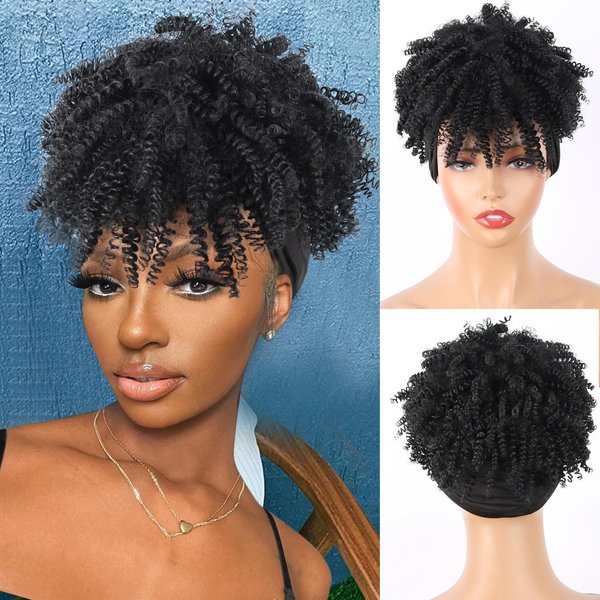 LEOSA Afro Black Headband Wig Short Afro Wigs for Black Women Synthetic Kinky Curly Headband Wig with Bangs for Women Natural Afro Puff with Bangs Turban Wrap-Wig Curly Afro Wig 4inch