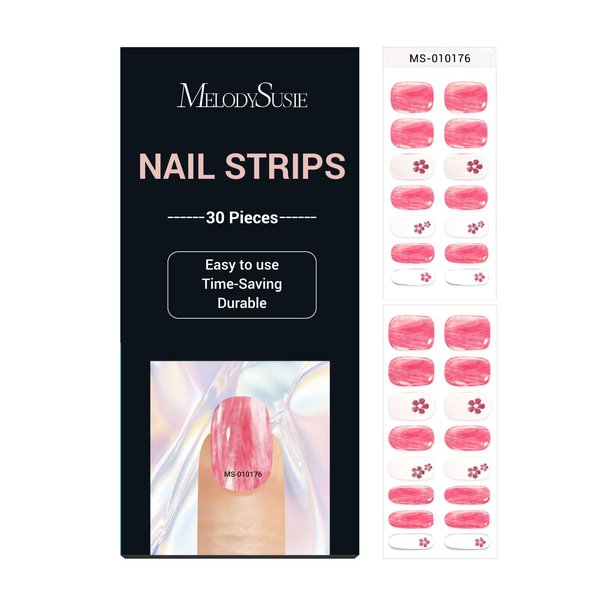 MelodySusie 30PCS Semi Cured Gel Nail Strips (Pink Glitter Flower), Works with Nail lamp, Salon Quality, Long Lasting, Easy to Apply and Remove, Includes 2 Prep Pads, Nail File and Wooden Stick