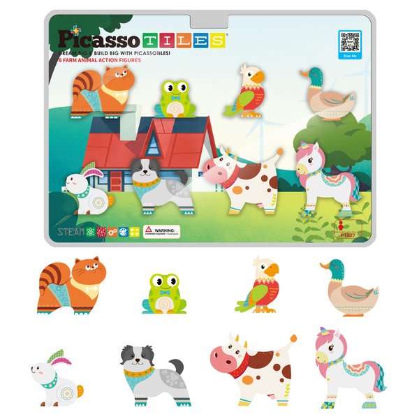 PicassoTiles Magnet Tile Building Blocks 8 Magnetic Farm Animal Action Figures Characters Construction Tiles Compatible Pretend Play Preschool Toy STEM Education Learning Girls Boys Ages 3+ PTA27