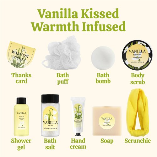 Birthday Gifts for Women Muse Lagoon 8Pcs Vanilla Birthday Gifts for Girls , Gift Baskets for Women Includes Hand Cream Body Scrub Soap Bar Bath bomb,Sister Mom Best Friend Birthday Gifts