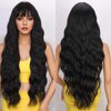 XIXIBI 30 Inch Long Black Wigs with Bangs Long Wavy Wigs for Women Natural looking Wig Synthetic Curly Wavy Hair Replacement Wigs for Daily Party Use