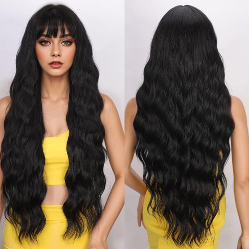 XIXIBI 30 Inch Long Black Wigs with Bangs Long Wavy Wigs for Women Natural looking Wig Synthetic Curly Wavy Hair Replacement Wigs for Daily Party Use